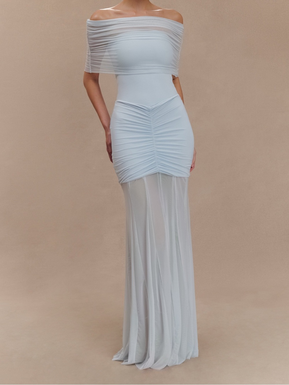 Meshki | Caspian Slinky And Mesh Off Shoulder Maxi Dress - Pale Blue